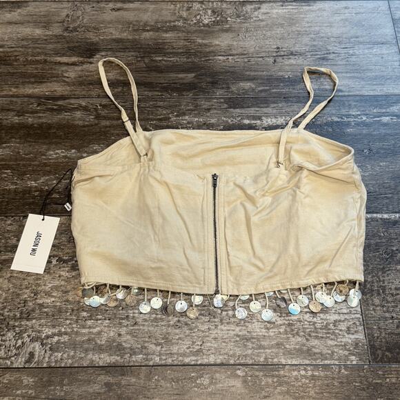 Jason Wu Crop Top Womens 8 Beige Mother of Pearl Shell Beaded Trim Summer NWT - Picture 5 of 13